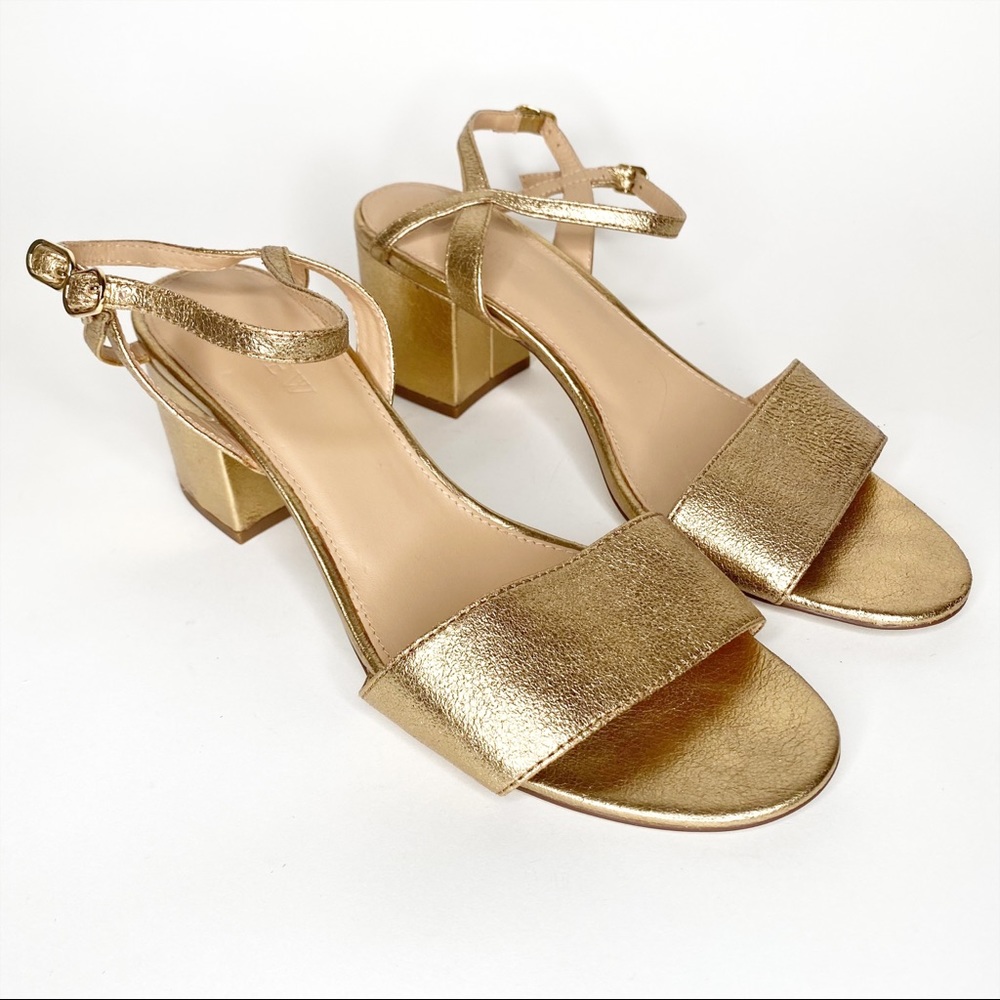 J Crew Sandals Gold Strappy Metallic Block Heel Leather Size 8